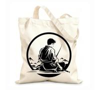 Webbing Strap Tote Bag a strong and symbolic of a lone warrior sitting in meditation with a sword and a mountain backdrop 12 oz thick fabric Sketching bag 25x30cm Small