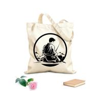 Webbing Strap Tote Bag a strong and symbolic of a lone warrior sitting in meditation with a sword and a mountain backdrop 12 oz thick fabric Sketching bag 35x40cm Large