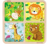 Webby 4 in 1 Wild Animals Wooden Puzzle Toy for Kids | Montessori Learning Board | Memory, Colour Recognition & Creative Thinking Game | 36 Piece Educational Jigsaw Age 3+