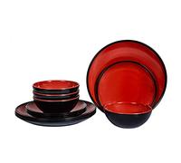 Webbylee Melamine Dinnerware Set - 12pcs dinnerware set Indoor and Outdoor use, Plates and Bowls Set for 4, Two-color Design Dishes, Dishwasher Safe (Red+Black)