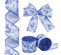 WEBEEDY 10 Yard Blue White Floral Wired Edge Ribbon 2 Styles Chinoiserie Ribbon Birds Flower Pattern Fabric Tape for Gift Wrapping Bow Making Summer Birthday Party Decoration, 6.3cm/2.5 Inch