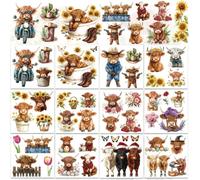 WEBEEDY 12 Sheets Spring Window Clings Highland Cow Rub on Transfer Sticker Cute Animal Floral Print Stickers for Glass Windows, Vintage Flower Decals for Furniture Wood Home Christmas Wall Decor