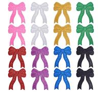 WEBEEDY 16 PCS Glitter Bow Patches 8 Colors Side Bow Patches for Sweatshirt, Sew on/Iron on Shiny Bow Knot Repair Patch Cute Bow Sequin Applique for Clothes Dress Jacket Hat DIY Craft,10.3x12.8cm