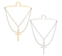WEBEEDY 2 Colors Cross Tie Clip with Chain for Men 2.4 inch Gold Silver Tie Chain Simple Double Necktie Chains for Weddings Professional Events Suit Decoration Easter Jewelry Gift