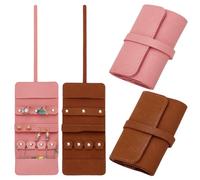 WEBEEDY 2 Colors Travel Jewelry Organizer Roll Portable Leather Jewelry Pouches Compact Foldable Jewellery Case for Earrings Rings Necklaces Bracelets, Holiday Travel Gift for Women, Brown/Pink