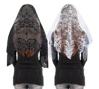 WEBEEDY 2 Colors Triangle Church Chapel Mantilla Veils Embroidered Floral Lace Head Covering Shawl Latin Scarf for Church Worship Chapel Wedding Costume Accessories(Black and White)