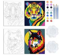 WEBEEDY 2 Pack Pre Drawn Canvas Kits Pre Printed Canvas Set Animals DIY Canvas Painting Gift Kits 20x25cm/8x10 Inch Colorful Wolf Tiger Painting Canvas Paint Art Set for Home Decoration Party Favor