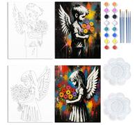 WEBEEDY 2 Pack Pre Drawn Canvas Painting Kit for Adults Date Night Painting Graffiti Banksy Pre Printed Canvas Outline for Sip and Paint Party Favors Valentine's Day Art Decor(Angel Flower,20x25cm)