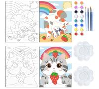 WEBEEDY 2 Pack Pre Drawn Canvas Pre Printed Canvas Set Cute Animals Painting Canvas Coloring Painting Canvas Set for Beginner Artist,Easy Acrylic Paint with Paints and Brushes Cat Rainbow, 20x25cm
