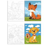 WEBEEDY 2 Pack Pre Drawn Canvas Set Cute Animals Painting Canvas Coloring Painting Canvases Set Pre Stenciled Canvases Boards with Paints and Brushes,Fox Dog 20x25cm/8x10 Inch