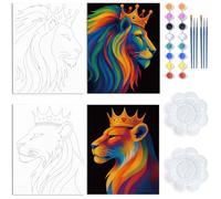 WEBEEDY 2 Packs Colorful Lion Pre Drawn Canvas to Paint for Adults Crown Lions Sip and Paint Kit for Couples Date Night, 20x25cm Pre Printed Canvas Ready to Paint with Frame Paints for Unique Gift