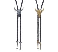 WEBEEDY 2 PCS Bolo Tie Longhorn Bull Bolo Tie Pendant Handmade Western Cowboy Leather Necktie Cool Retro Costume Accessories for Father Husband Brother Shirt,Suit,Leisure Clothes(Gold,Silver)