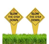 WEBEEDY 2 Pcs Double Sided Slow Down Signs with Stake Weatherproof Aluminium Caution Signs, Do Not Drive or Park on Grass Easy to Install Yard Sign for Lawn Outdoor Use, 9x14 Inch