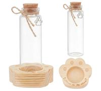 WEBEEDY 2 Pcs Pet Hair Glass Memorial Bottles with Wooden Base, Cat Dog Keepsake Jar with Paw Shape Ornaments for Ashes Teeth Urn Container, Glass Vial Remembrance Memorial Sympathy Gifts for Pet Loss