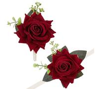WEBEEDY 2 Pcs Wedding Artificial Flowers Wrist Band Bracelet Wine Red Wrist Corsage and Boutonniere Set Hand Flower for Wedding Prom Wrist Groom Bride Bridesmaids Wedding Gift Flowers Accessories