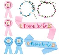 WEBEEDY 2 Sets Cute Beer Mom to be Sash Mom and Dad to be Pins and Flower Crowns, Pink and Blue Mommy to be Shower Sashes for Baby Shower Party Favors Decorations Gender Reveals Gift