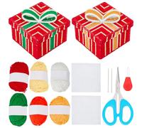 WEBEEDY 2 Sets DIY Christmas Plastic Canvas Box Kit Include Mesh Canvas Sheets,6 Colors Yarn and Instruction for Adults Plastic Canvas Box Beginners Kit Embroidery Crafting Gift Boxes Sewing Set