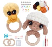 WEBEEDY 2 Sets DIY Goat Duck Wooden Rattle Crochet Kit for Adults Beginners with Video Tutorials, Baby Rattles Shaker Animal Crochet Starter Kit with Yarns, Bells, Stuffing, Gift for Baby Shower