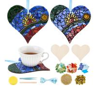 WEBEEDY 2 Sets DIY Heart Mosaic Kit for Adults DIY Mosaics Coaster Art Craft Kit Glass Mosaic Tiles for Craft with Wood Base Ribbon Seed Beads and More, for Christmas Hanging Ornaments Handmade Gift
