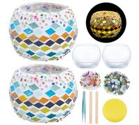 WEBEEDY 2 Sets DIY Mosaic Glass Candle Holders Kit Handmade Mosaic Tealight Holder Multicolor Round Mosaics Candle Holders Kits with Instruction for Beginner Adult Home Table Decor,Unique Gifts