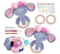 WEBEEDY 2 Sets DIY Wooden Rattle Elephant Crochet Kit for Adults Beginners with Video Tutorial, Wooden Baby Rattles Shaker with Bells Animal Crochet Starter Kit with Yarns, Tools, Gift for Baby Shower