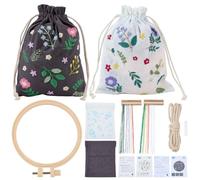 WEBEEDY 2 Sets Embroidery Drawstring Bag Kit for Beginners, Complete DIY Storage Bag Embroidery Kit DIY Needlepoint Craft with Pre-Printed Floral Pattern for Christmas Party Gift, 19x24cm