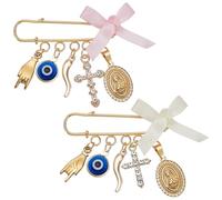 WEBEEDY 2 Styles Evil Eye Brooch Pins with Cross Pendant and Bow Ribbon Golden Safety Pin Jewelry for Women, Decorative Pins for Clothing Dress Sweater Decoration Anniversary Decor Gift for Good Luck