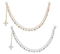 WEBEEDY 2 Styles Layered Pants Wallet Chains Bag Charm Chain Cross Pearl Pocket Purse Chains for Women, Gold Silver Rhinestone Flower Pearl Chain for Pants Jean Handbag Fashion Accessories, 46cm