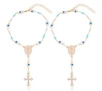 WEBEEDY 2pcs Evil Eye Car RearView Mirror Hanging Ornament Evil Beaded Ornament Cross Charms Crucifix Medal AmuletHome Wall Decor for Car Truck Auto Interior Window Door Easter Christmas