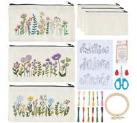 WEBEEDY 3 Sets Embroidery Kit Cosmetic Bag, DIY Floral Makeup Bag Sewing Kit Include Stamped Flower Pattern, Hoop, Threads, Needles for Beginner Mother's Day Christmas Stitchwork Gift
