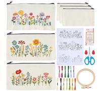 WEBEEDY 3 Sets Embroidery Pouch Making Kit DIY Floral Pouch Cosmetic Bag Embroidery Kit Include Stamped Flower Pattern, Hoop, Threads, Needles for Beginners Christmas Mother's Day Stitchwork Gift