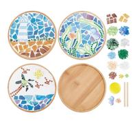 WEBEEDY 3 Style DIY Mosaic Craft Kit Sea Beach Scenery Blue Glass Mosaic Tiles Pieces Bamboo Coasters Kits for Adults Beginner, with Blank Base Tray for Handmade Summer Art Home Decor, 6.1 inch