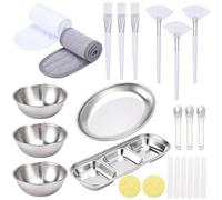 WEBEEDY 30 Pcs Esthetician Facial Supplies Set with 3 Stainless Steel Face Mask Bowls, Serving Tray, Brushes, Facial Sponges, Spoons, Hairbands, Face Masks Mixing Bowl Set Facial Esthetician Tools