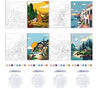 WEBEEDY 4 Pack Canvas Painting Kits Coast Landscape Pre Drawn Canvas to Paint Seaside Town Painting Set 20x25cm Cityscape Nature Artwork Modern Wall Art Hoom Decor