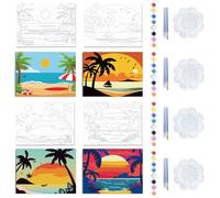 WEBEEDY 4 Pack Pre Drawn Canvas for Painting Summer Beach Pre-Stretched Canvas to Paint for Sip and Paint Party 20x25cm Seaside Theme Coconut Tree Painting Kit for Adults Party Favor(Scenery)
