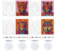 WEBEEDY 4 Packs Animal Portrait Sip and Paint Kit 8x10'' Pre Drawn Canvas to Paint for Adults Beginner, Lion Tigger Wolf Leopard Canvas with Drawing Ready to Paint Gift for Birthday Christmas, 20x25cm