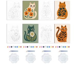WEBEEDY 4 Packs Cat Pre Drawn Canvas for Painting Set Abstract Plant Cat Sip and Paint Kit for Adults, Pre Printed Canvas with Frame Ready to Paint for Art Party Home Wall Decor Unique Gift, 20x25cm