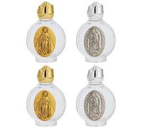 WEBEEDY 4 Pcs Empty Glass Holy Water Bottle, Our Lady of Guadalupe Mary Small Holy Water Bottles for Easter Day Essential Oil Bottles Easter Baptismal Gifts Decor Church Home Decor(Gold, Silver)