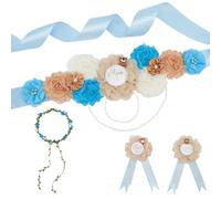 WEBEEDY 4 Pcs Flower Teddy Bear Mommy to Be Sash for Baby Shower Decorations with Mom to Be and Dad to Be Brooch Pins, Blue Floral Crown, Baby Shower Party Props Keepsake Gender Reveals Easter Gift