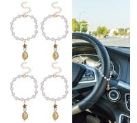 WEBEEDY 4 Pcs Steering Wheel Rosary Charm Gold Auto Hanging Pendant with Starfish Shells Charm Adjustable Car Rosary Charm Religious Car Protection Charm Decor Boho Ocean Theme Gifts for Christmas