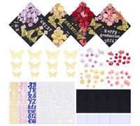 WEBEEDY 4 Sets 80 Pcs Graduation Cap Decorations Kits DIY Grad Cap Accessory with 4 Color Faux Flowers, Letter Stickers & 3D Butterflies for Graduation Ceremony Party Gift (Purple, Red, Yellow, Pink)