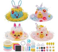 WEBEEDY 4 Sets Easter DIY Bonnet Hat Kit Easter Bonnet Craft Make Your Own Bunny Flower Straw Hat with Bunny Flowers Chicks Decorations for Spring Holiday Celebrations Handmade Gift