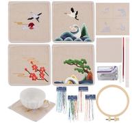 WEBEEDY 4 Sets Embroidery Kit for Beginners,Asian Style Cranes Cherry Blossom DIY Embroidery Coasters with Printed Pattern,Embroidery Hoop,Thread for Women Unique Stitchwork Gift, 12.7x12.7cm