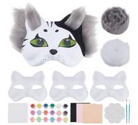 WEBEEDY 4 Sets Glow in the Dark Therian Mask DIY Painting Kit Easter Cat Fox White Facemasks Blank to Paint with Felt Fabric Faux Fu Meshes Acrylic Paint for Masquerade Cosplay Party Costume
