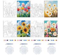 WEBEEDY 4 Styles Floral Painting Kit: Pre Drawn Canvas, Acrylic Colors, Paint Brushes, Sample Images, Realistic Style, Adults, 10x8 inches, False Foldable