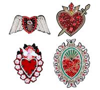 WEBEEDY 4 Styles Heart Rhinestone Beaded Patch Red Sew On Embroidery Patches Strawberry, Peach and Angel Wing Shapes Decorations Applique Handmade Bling Crystal Patches for Clothes Bag Shoes Hats