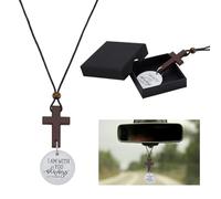 WEBEEDY 44.5cm Cross Car Rearview Mirror Hanging Ornament Walnut Wood Cross with I Am With You Always Medallion With Gift Box Christian Gifts for Women Men Daily Bible Verse Car Charm for Easter