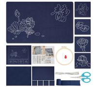 WEBEEDY 5 Set Sashiko Kit DIY Embroidery Tea Mat Coaster Set Chinese Lotus Theme, 1pc Large Tea Mat 4pc Embroidery Coaster Cloth with Stitch Sewing Needles for Adult Starter Beginner Gift, Rectangle