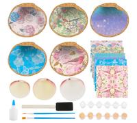 WEBEEDY 5 Sets Oyster Shells for Crafts DIY Beach Oyster Shell Ring Dish Kit with 5 White Natural Shells 10 Pcs Decoupage Paper Napkin Paint and Brushes,Summer DIY Ornament Jewelry Tray Birthday Gift