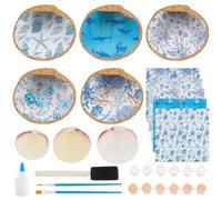 WEBEEDY 5 Sets Oyster Shells for Crafts DIY Blue Clam Shell Jewelry Tray Kit with 5 White Natural Shells 10 Pcs Decoupage Paper Napkin Paint and Brushes,Summer Seashell Jewelry Display Plate